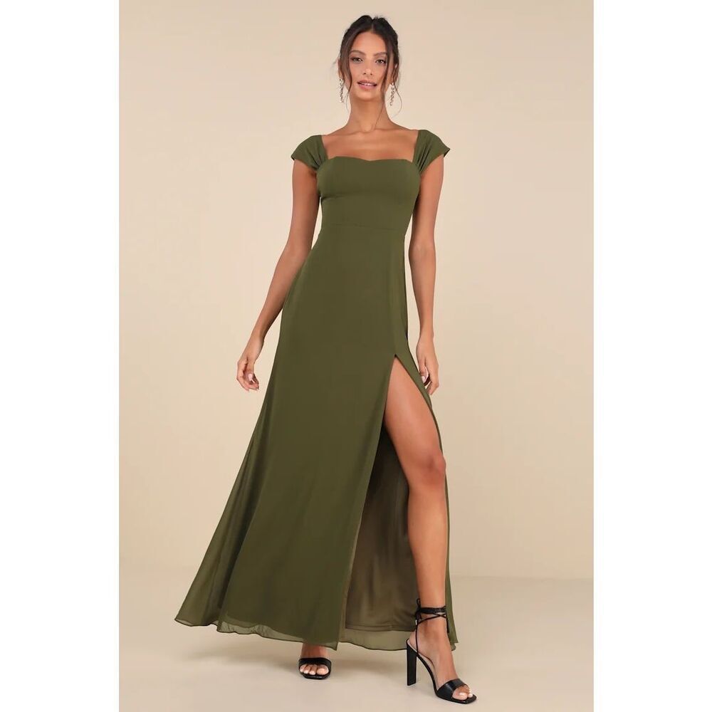 Lulus Magical Magnetism Olive Green Off the Shoulder Maxi Dress Size XS NWT